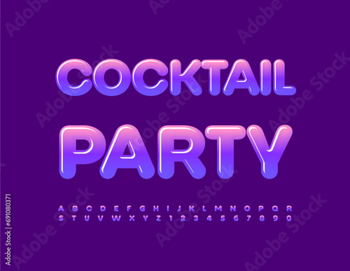 Vector glossy logo Cocktail Party. Cool Violet Font. Trendy Artistic Alphabet Letters and Numbers set