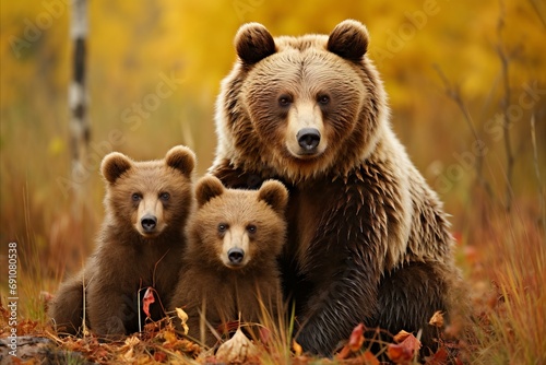 Adorable Mother Grizzly Bear and Cub Exploration in the Enchanting Forest Habitat