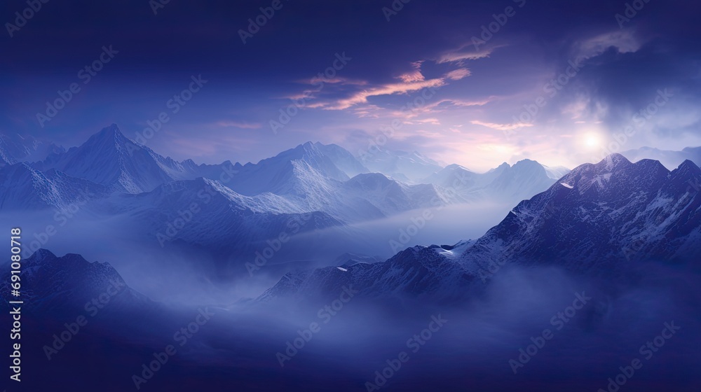 Mountain range with visible silhouettes through the morning fog. Panoramic view. Illustration for cover, card, postcard, interior design, banner, poster, brochure or presentation.