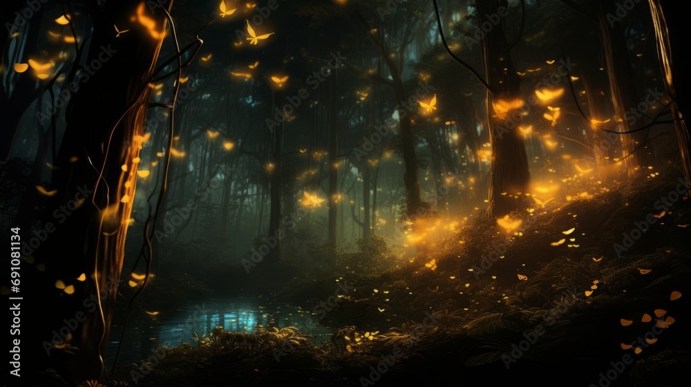 Fireflies in a magical forest.