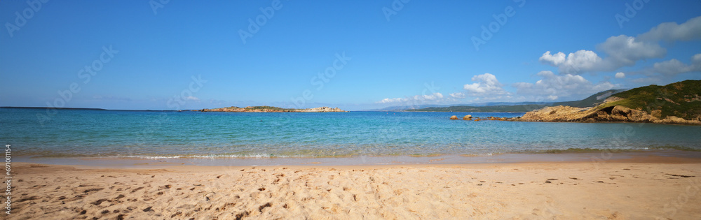 Panoramic view of a sandy beach in Corsica