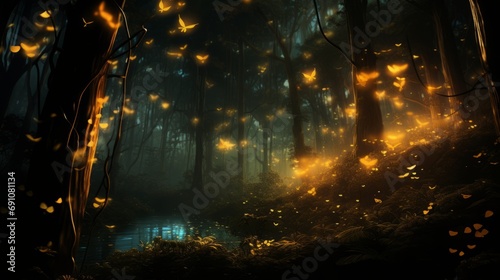 Fireflies in a magical forest.