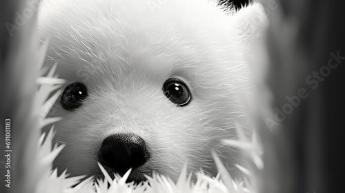 Close-up portrait of a bear cub in monochrome style. A detailed image of a muzzle. The wild animal is looking at something. Illustration for cover, card, interior design, brochure or presentation.
