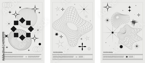 Futuristic y2k retro minimalistic posters with 3d wireframes. graphic of geometrical shapes. brutalism.