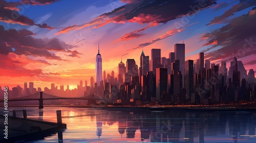  A beautiful cityscape of New York at sunset, with the buildings reflecting in calm waters and vibrant colors painting the sky above them