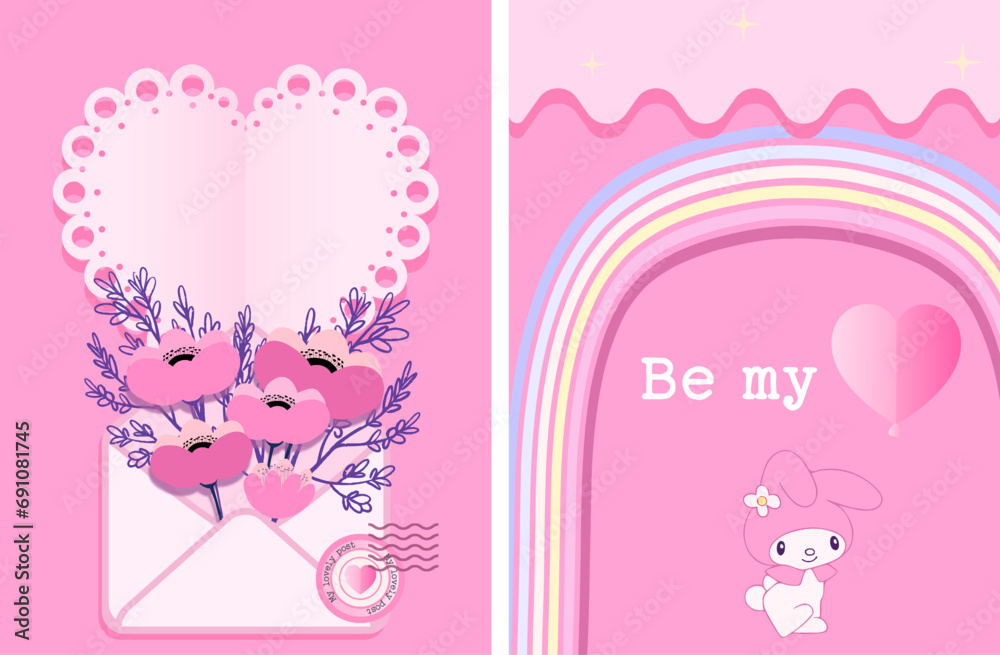 Valentines card with cute kawaii cartoon character bunny and flowers on pink background Valentines card with cute kawaii cartoon character bunny and flowers on pink background