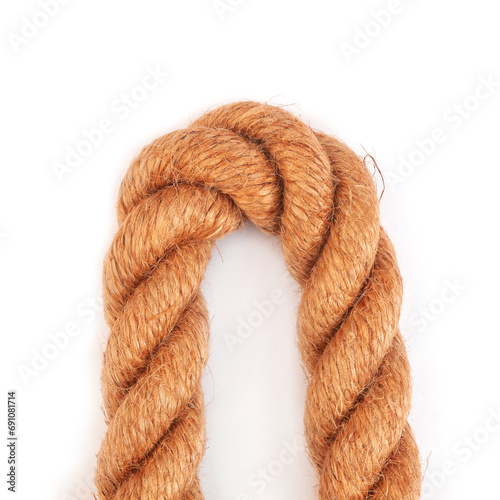 Bent braided rope close-up isolated on white background. View from above.