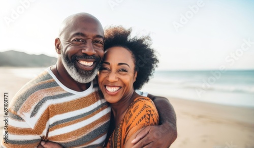 African-American couple laughing together on a beach, embodying love, joy, and companionship in their golden years. 