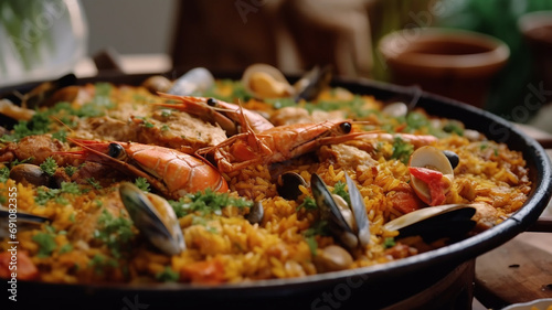 Spanish paella dish in a seafood restaurant
