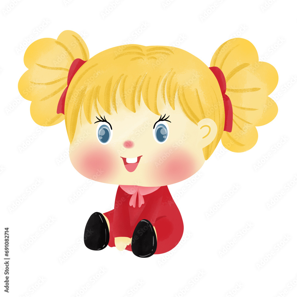 Obraz premium Cartoon yellow blonde girl sitting and smiling. 