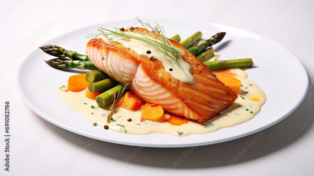 baked salmon and asparagus with sauce in a restaurant baked salmon and asparagus with sauce in a restaurant