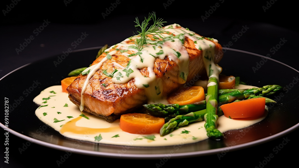 baked salmon and asparagus with sauce in a restaurant baked salmon and asparagus with sauce in a restaurant
