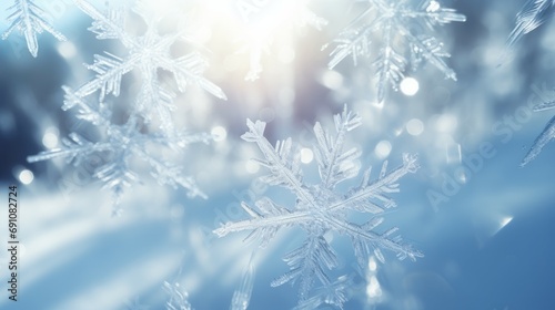 Snowflake shaped bokeh. Combined with blue background. Christmas concept.