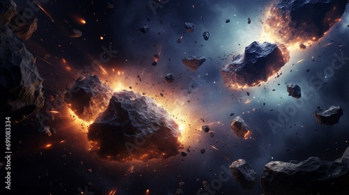 A cosmic collision between asteroids, capturing the explosive impact and resulting celestial debris scattered across space.