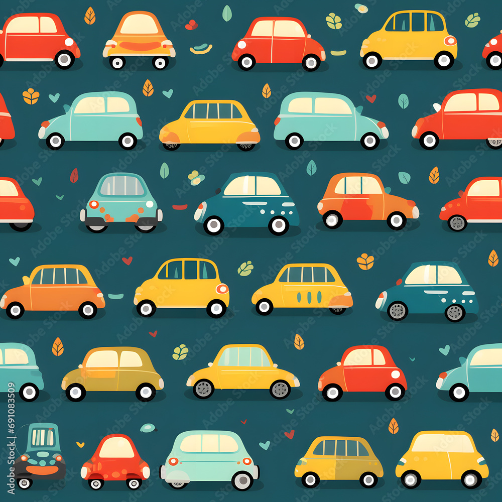 children's illustration patterns, cars, clouds, cute fabric prints, paper for wallpaper