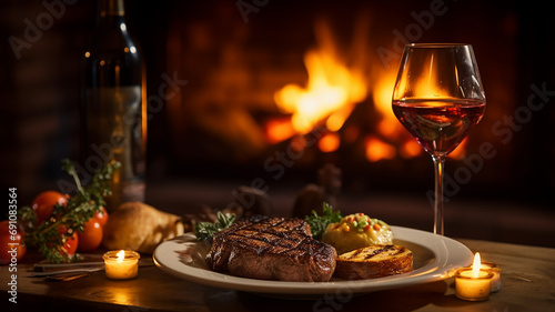romantic dinner meat steak with a glass of wine on the background of a fireplace fire