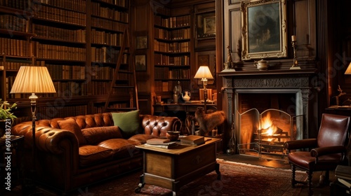 A cozy, candlelit study adorned with leather-bound books, a crackling fireplace, and antique furniture bathed in a warm, inviting glow.