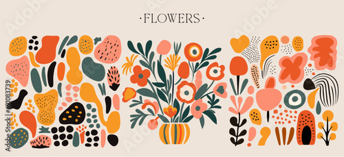Arte abstracto inspirado en estilo de Matisse, arte moderno decorativo, póster de ilustración vectorial. Colección de decoración floral y arte creativo. Minimal. Naranja, rosa, verde, amarillo,