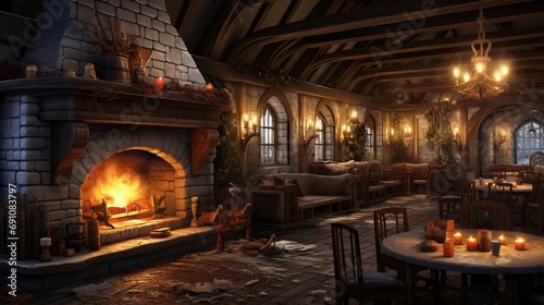 A cozy countryside inn with roaring fireplaces  where hearty stews and freshly baked breads are served.