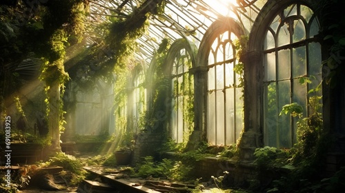 A decaying, Victorian-era greenhouse overtaken by ivy and creeping vines. Sunlight filters through the broken glass, illuminating the wild foliage within. photo