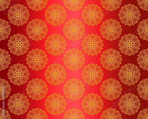 seamless yellow floral ornament on a red shimmering background that transitions from dark to light. Chinese silk. round decorative elements. diagonals. website design. cover. wallpaper.