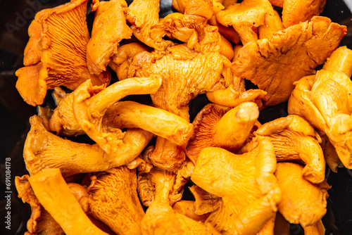 mushroom chanterelle fresh food tasty mushrooms snack on the table copy space food background rustic top view