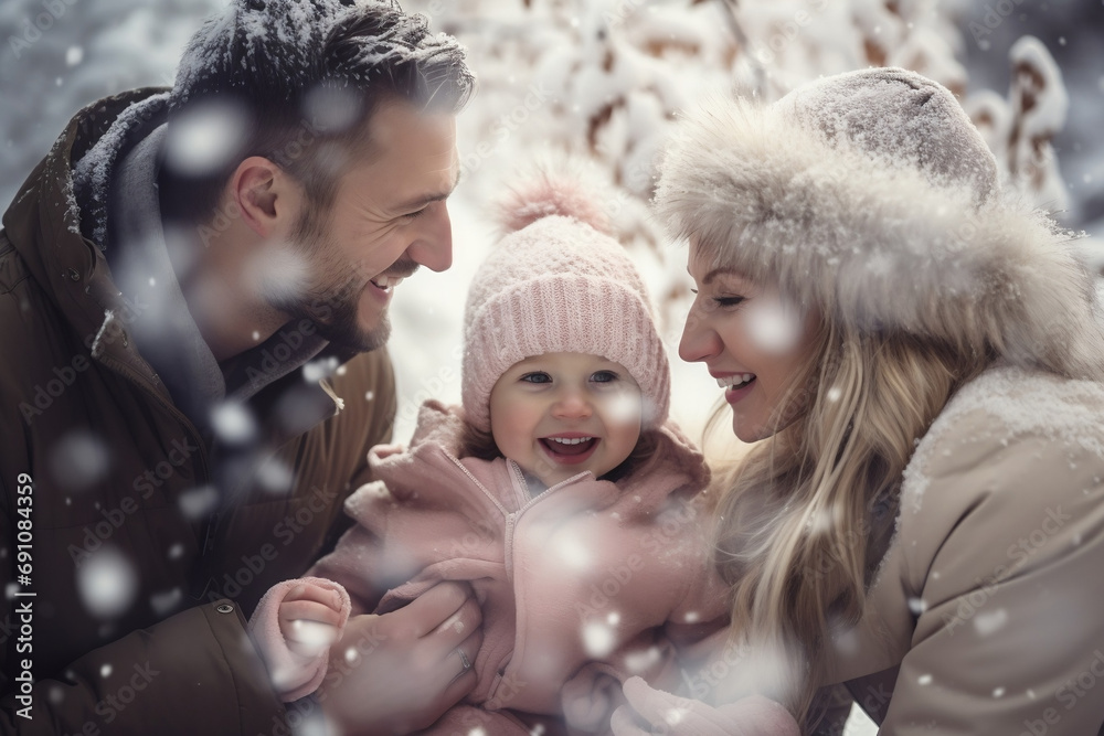 Obraz premium Happy parents Mother and father hug their little daughter on a snowy winter day