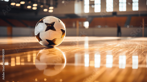 Black and white soccer ball placed on a shiny hardwood parquet floor in an indoors futsal gym. 