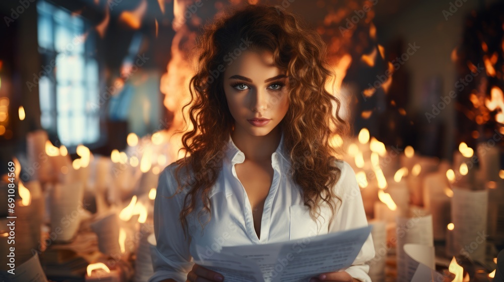 a woman holding a paper in front of a fire