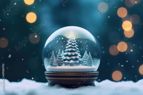 Snow ball with fir trees forest in it on blurred dark green snowy background with golden lights. Snow globe. Festive New year concept for greeting card, banner, poster with copy space  © ratatosk