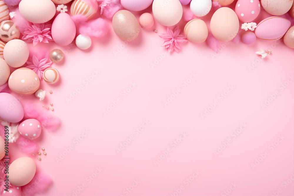 easter eggs and flowers on a pink background