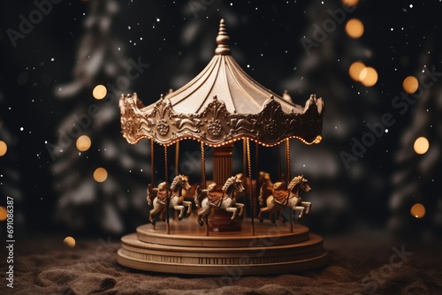 Vintage musical carousel toy on blurred background with Christmas tree and golden lights. Merry Go round. Childhood magic concept. Christmas eve. New Year and winter holidays greeting card photo