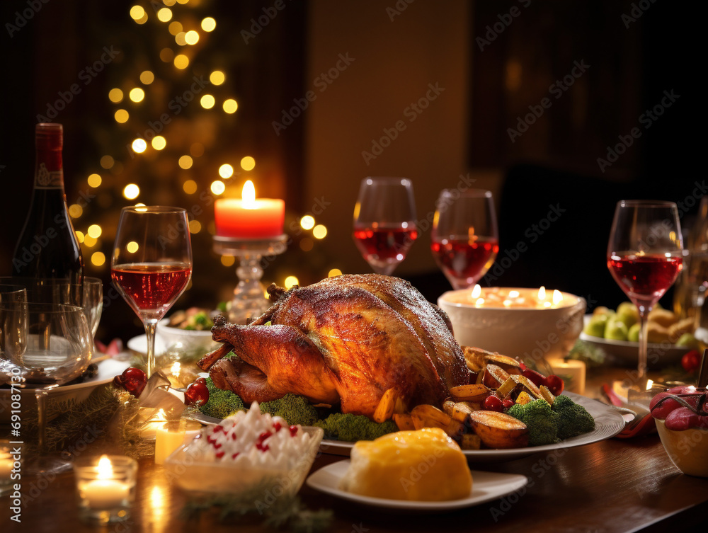 A beautifully decorated dinner table filled with mouthwatering holiday dishes and festive decorations.