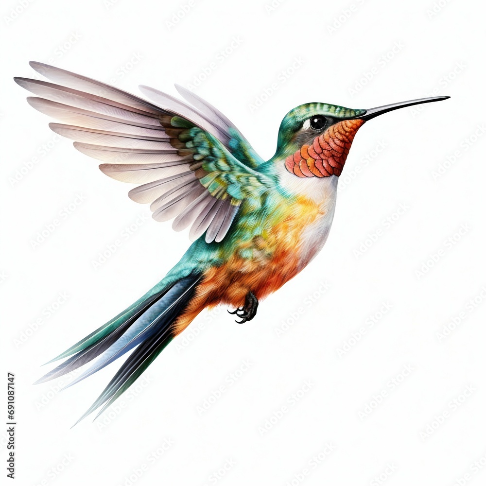 Fototapeta premium Vibrant Hummingbird in Flight Isolated on White Background. Generative ai