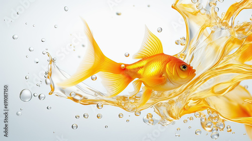 on a white background, a goldfish swims in a goldfish with a long beautiful tail on a white background splashes photo