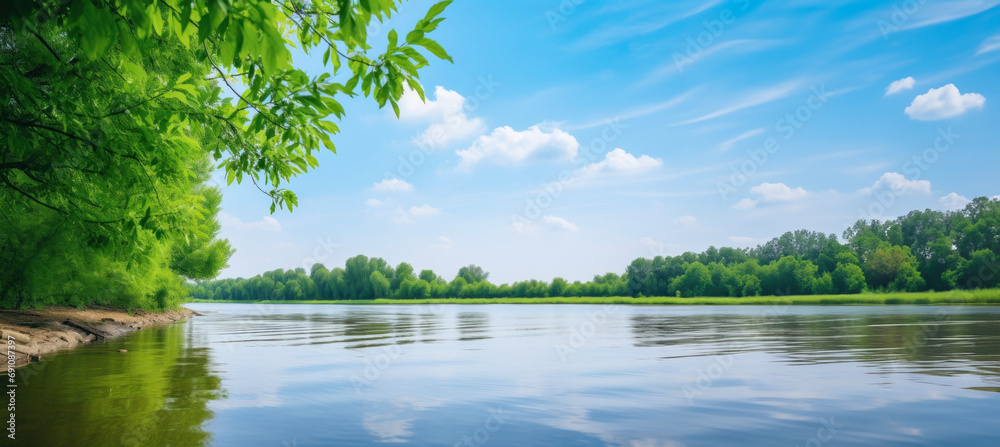 A tranquil river bordered by lush greenery under a blue sky invites a Serenity concept A tranquil river bordered by lush greenery under a blue sky invites a Serenity concept