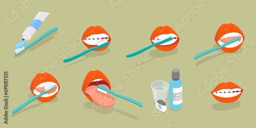 3D Isometric Flat Vector Illustration of Teeth Cleaning , Oral Hygiene