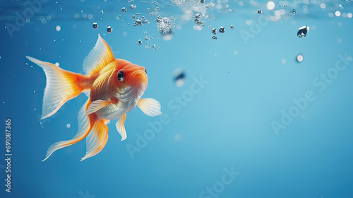 A goldfish tail swims underwater on a blue background