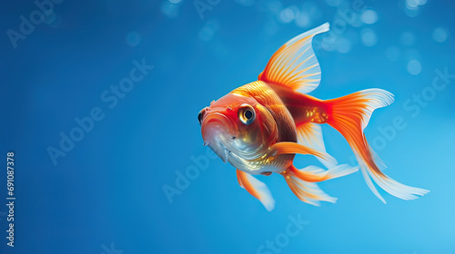 Goldfish onA goldfish with a long beautiful tail swims underwater on a blue background a blue water background, wave splashes 
