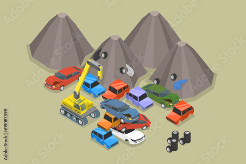 3D Isometric Flat Vector Illustration of Car Dump Junkyard, Disposal of Crashed Auto