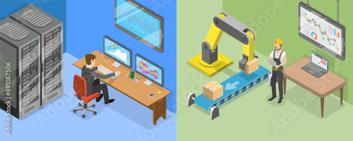 3D Isometric Flat Vector Illustration of Information Technology And Operational Technology, IT vs OT photo