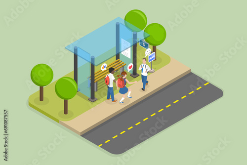 3D Isometric Flat Vector Illustration of Happy Students Waiting a Bus, Urban School Commuting for Kids