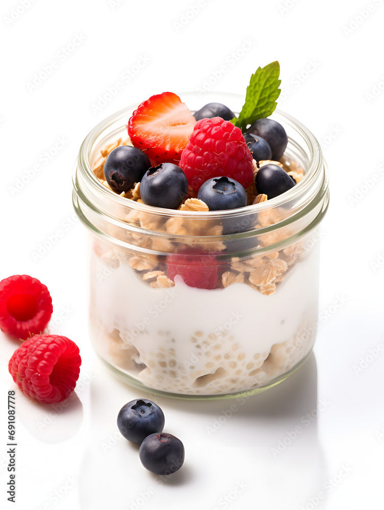 Overnight oatmeal with fresh berries in a glass, isolated on white background Overnight oatmeal with fresh berries in a glass, isolated on white background