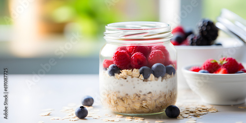 Overnight oatmeal with fresh berries in a glass, blurry window background  photo