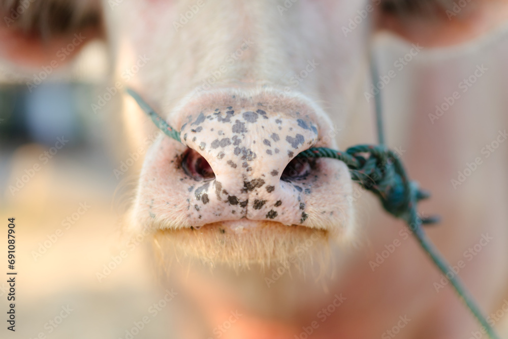 A close-up of the face of a large white buffalo with a rope passed through its snout.