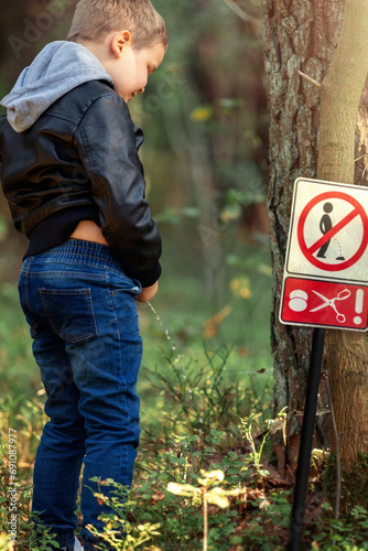 Fotografie, Obraz A small boy urinating in the forest near a tree trunk in an off-limits area