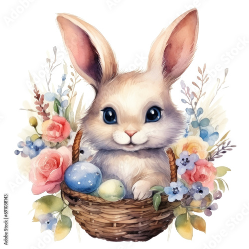 cute watercolor easter bunny with basket of flowers and colorful easter eggs isolated