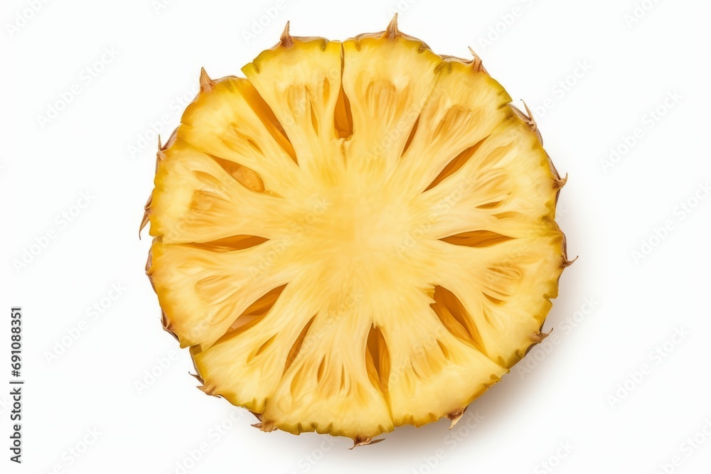 An slice of pineapple on the white background, a halved ananas isolated png, circle round chopped half, generated by AI. An slice of pineapple on the white background, a halved ananas isolated png, circle round chopped half, generated by AI.