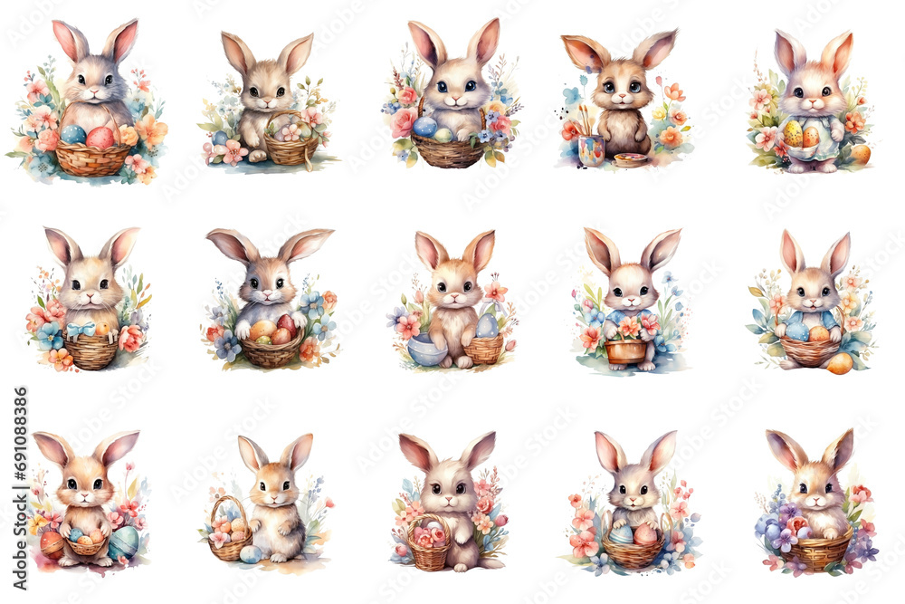 cute Watercolor Easter Bunny with Basket of flowers and Colorful Easter Eggs isolated set
