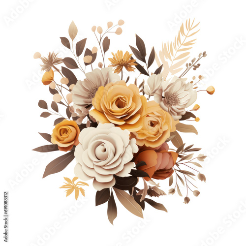 a bouquet of flowers, greens and leaves,